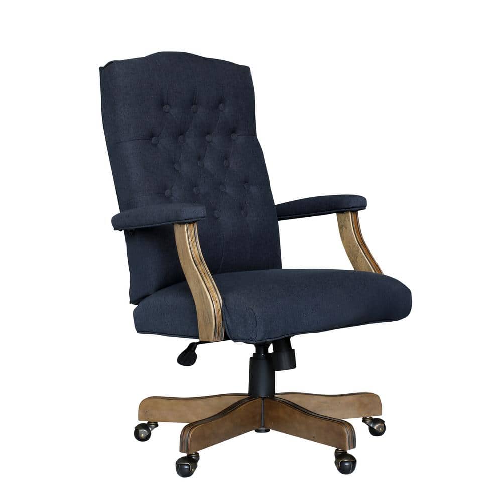 BOSS Office High Back Navy Linen Fabric Driftwood Finish Button Tufted Styl