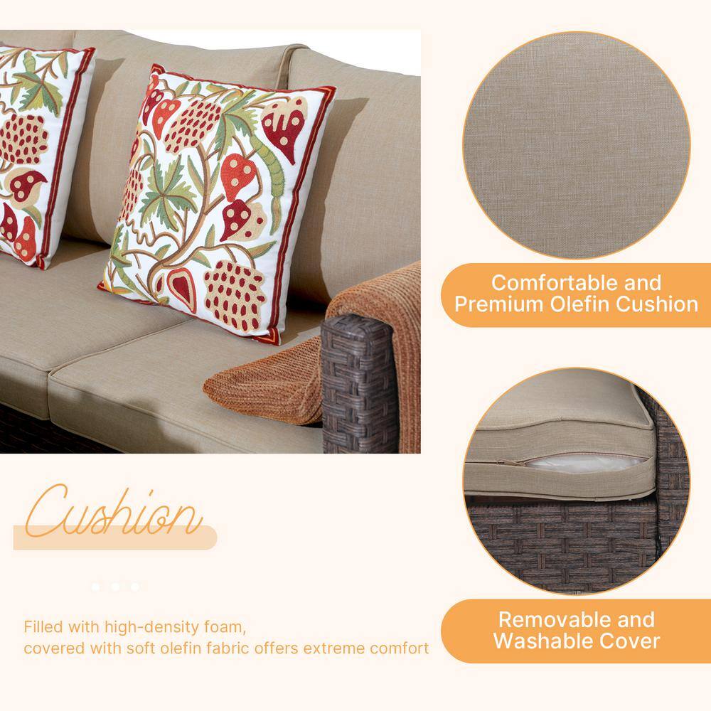 Close-up of the beige cushions with decorative floral patterns and texture.