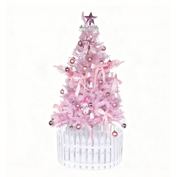 5 ft. Pink Artificial Christmas Tree with Ornaments and Foldable Metal Base
