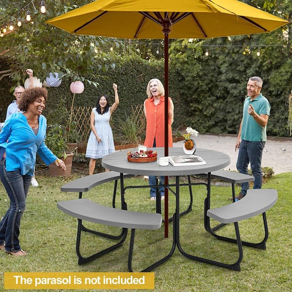 75 in. Grey Round Picnic Table Outdoor Bench Set Seats 8-People with 4 Benches and Umbrella Hole