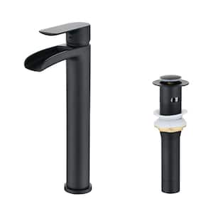 Single Handles Waterfall Vessel Sink Faucet with Pop-Up Drain assembly in Matte Black