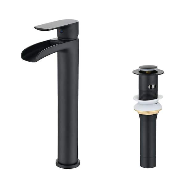 YASINU Single Handles Waterfall Vessel Sink Faucet with Pop-Up Drain assembly in Matte Black