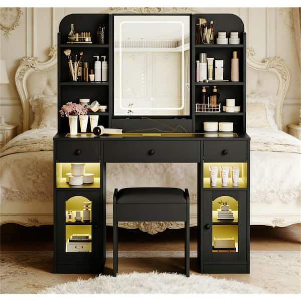 Makeup Vanity Tables Glass Top Vanity with LED Mirror, Lights, 3-Drawers, Storage Shelves and Stool in Black