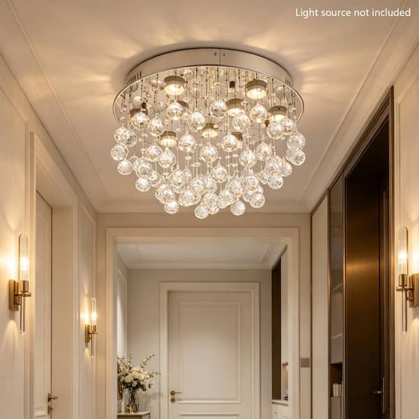 OUKANING 19.7 in. 9-Light Silver Modern Crystal Semi-Flush Mount