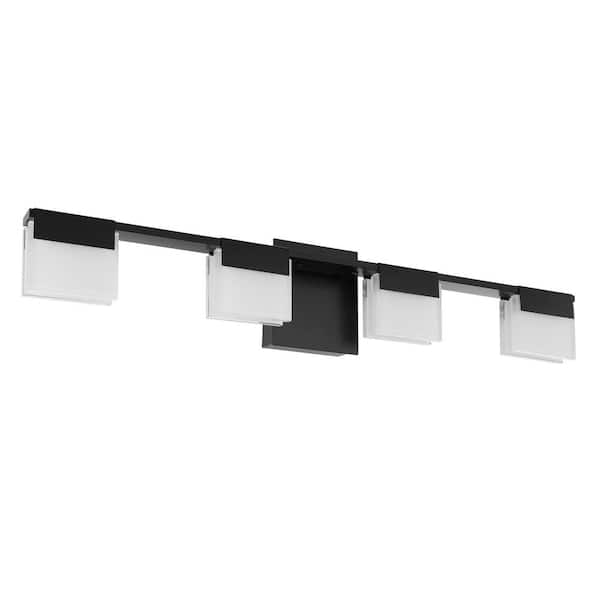 Eglo Vente 29.92 in. W x 5.71 in. H 4-Light Matte Black Integrated LED Bathroom Vanity Light with Frosted Glass Shades