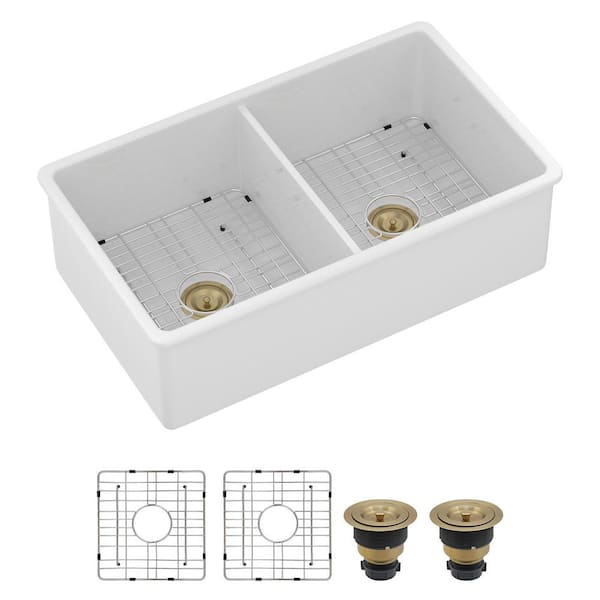 32 in. Undermount 50/50 Double Bowl White Porcelain Ceramic Kitchen Sink with Bottom Grids