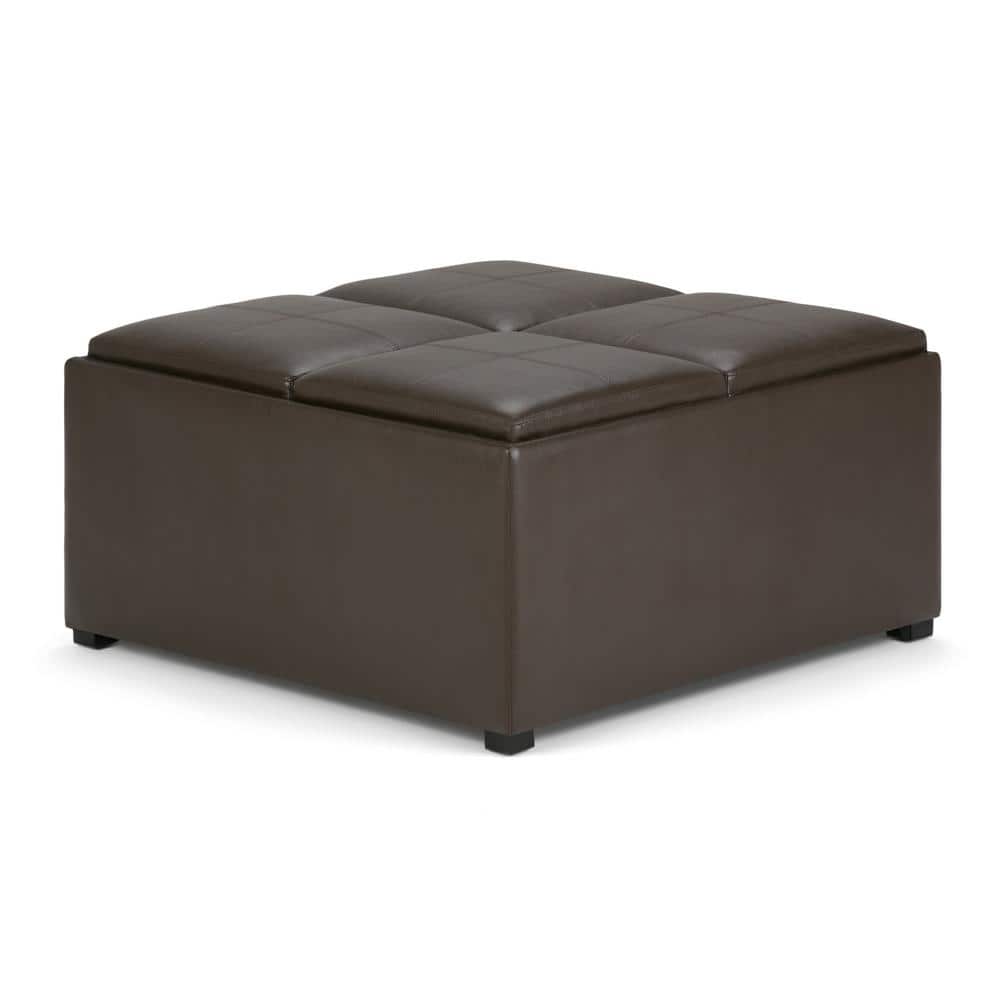 Chocolate Brown Tufted Faux Leather Storage Ottoman with Trays