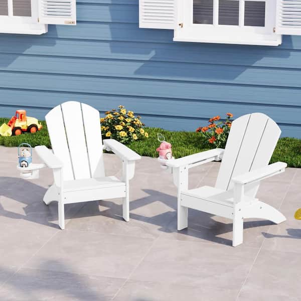Children's Laguna Outdoor Patio Set of 2 All Weather Kids Poly Plastic White Adirondack Chairs w/ Cup Holders