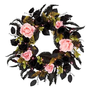 24 in. Cute and Creepy Halloween Wreath with 40 Pink LED Lights