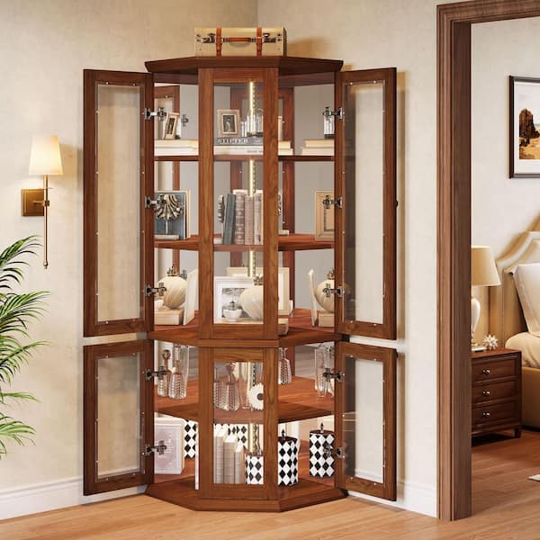 Nederland Dark Brown Corner Bar Cabinet with Multi-Color LED Lights, Tall Corner Display Cabinet with Doors