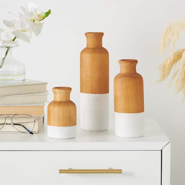 Litton Lane Brown Colorblock Wood Decorative Vase with White Bases (Set of 3)