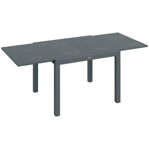 Expandable Elegance Rectangular Aluminum Frame Outdoor Dining Table with Metal Plate Wood Effect Tabletop in Dark Gray