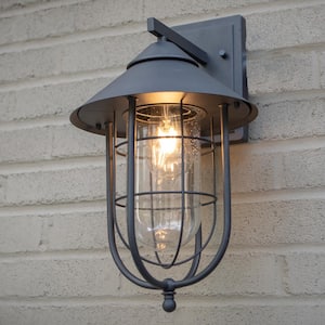 Wisteria 13.75 in. 1-Light Sand Black Outdoor Wall Lantern Sconce with Clear Glass Shade