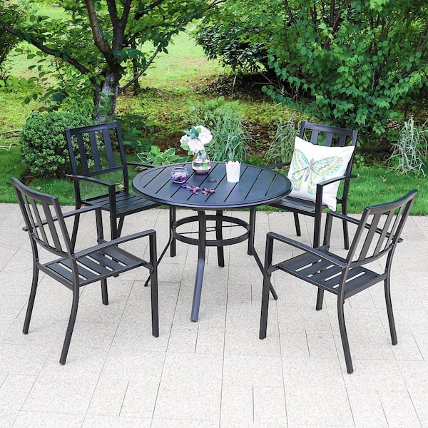 Phi Villa Black 5 Piece Metal Outdoor Patio Dining Set With Slat Round Table And Modern Stackable Chairs Thd5 119 3501 The Home Depot - Phi Villa Wood Look Patio Dining Table With Umbrella Hole