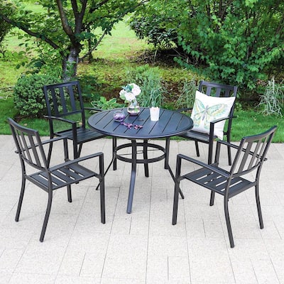 Black 5-Piece Metal Outdoor Patio Dining Set with Slat Round Table and Modern Stackable Chairs