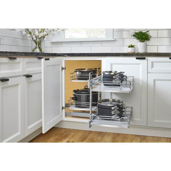 Steel 2-Tier Pullout Solid Bottom Organizer for Blind Corner Cabinets w/ Soft-Close