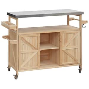 Natural Wood Outdoor Rolling Bar Cart Storage Cabinet, Grill Table with Stainless Steel Top, Spice Rack, Towel Rack