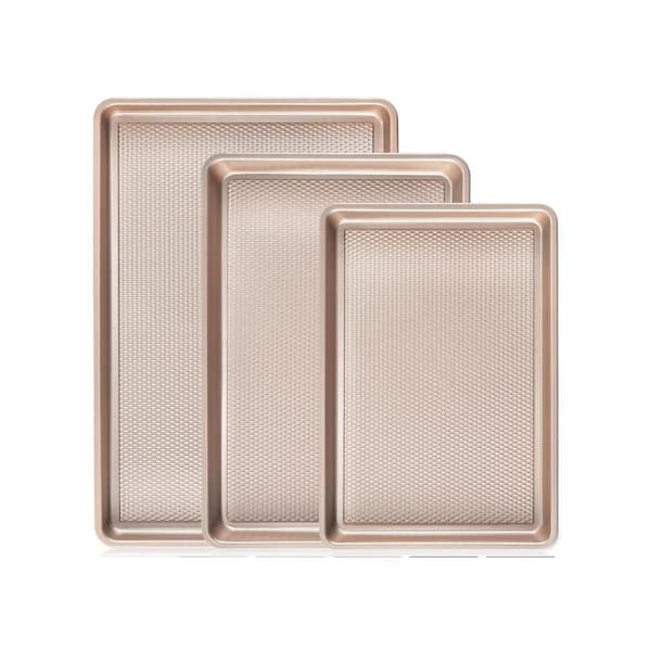 3-Piece Champagne Gold Baking Sheet Pan Set, Nonstick Cookie Sheets for Oven with Diamond Texture, Thick Cookie Tray