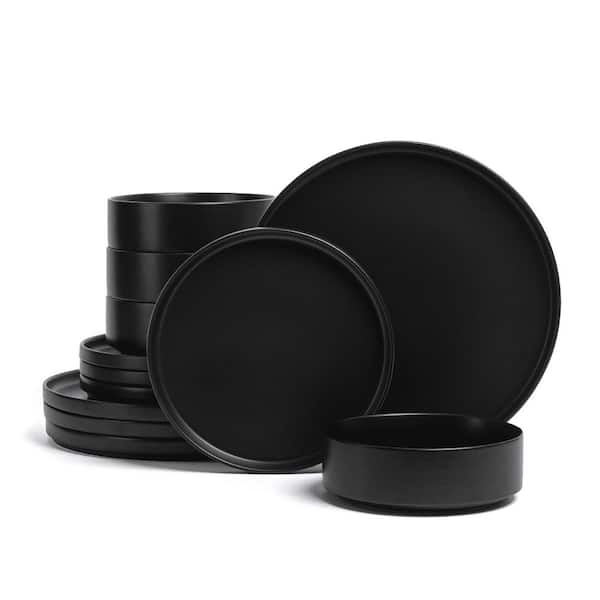 Stackable 12-Piece Semi-Matte Black Hand-Finished Stoneware Dinnerware Set, Service for 4