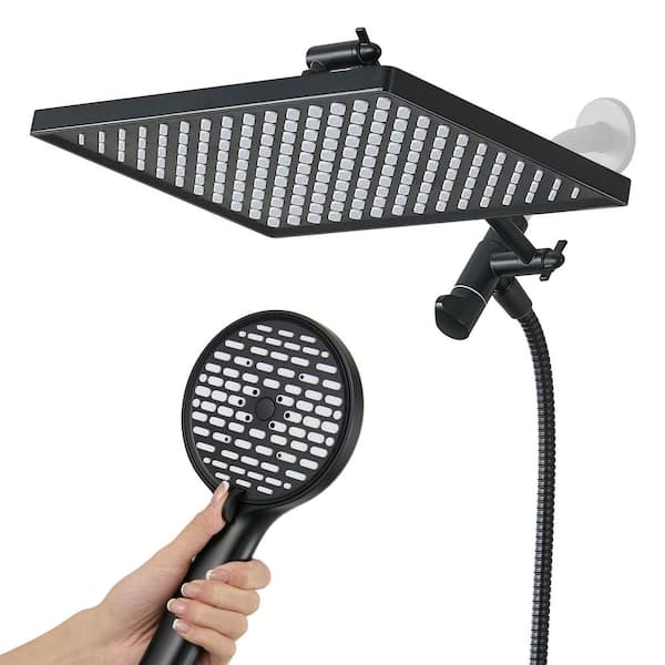Zalerock Rainfull 6-Spray 12 in. Wall Mount Dual Shower Head and Handheld Shower Head 1.8 GPM in Matte Black