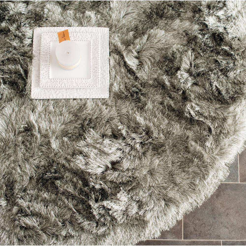 Silver Round Hand-Tufted Shag Area Rug, 5' Synthetic