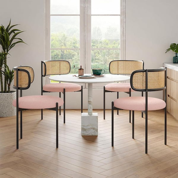 Pink Upholstered Dining Chair With Rattan Back (Set of 4)