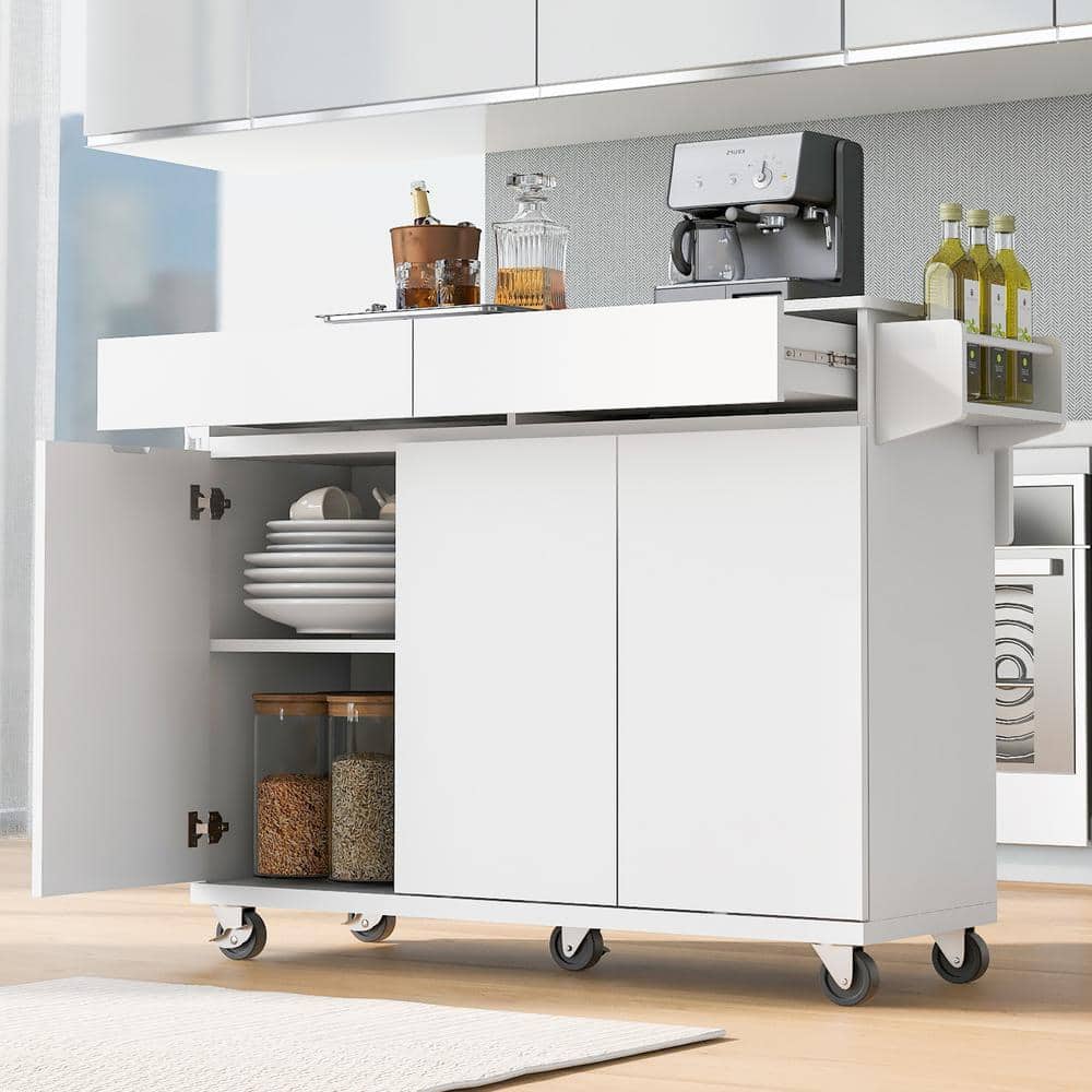 White Wood 53.15 in. W Rolling Kitchen Island with Adjustable Shelves and 2