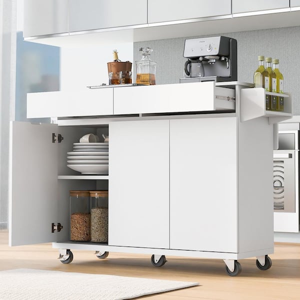 Runesay White Mdf Base with Mdf Wood Top Rolling Kitchen Island (27.56-in x 53.15-in x 36.33-in)
