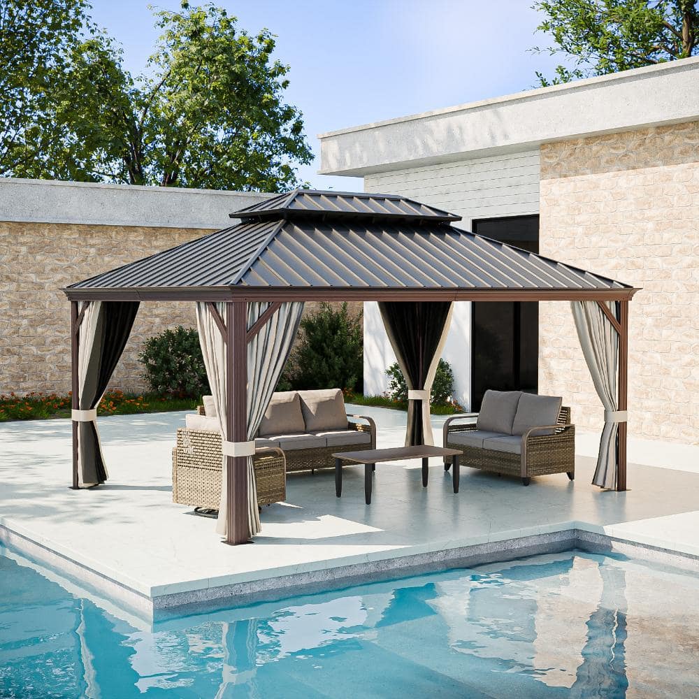 12 x 16 ft. Double-Roof Hardtop Gazebo w/ Aluminum Frame Privacy Curtain and Net Drainage Gutter, Black price history on PriceWatchPro