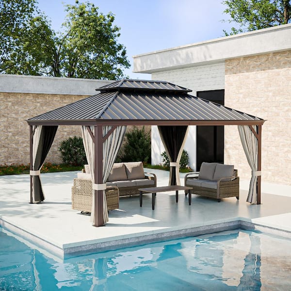 12 x 16 ft. Double-Roof Hardtop Gazebo w/ Aluminum Frame Privacy Curtain and Net Drainage Gutter, Black