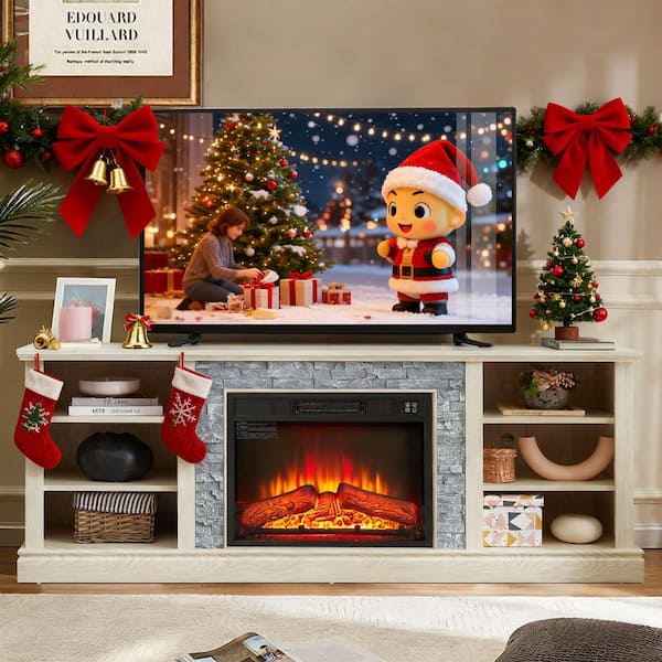 70 in. W Freestanding Wooden with Faux Stacked Stone Surround Large Electric Fireplace TV Stand in White