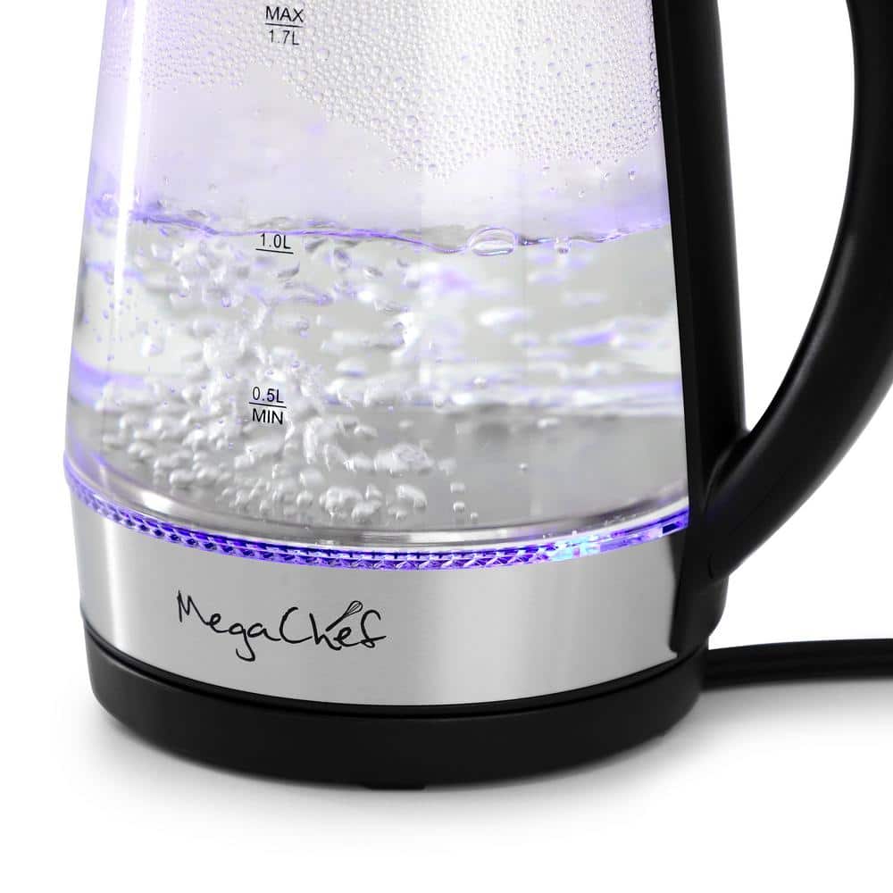 MegaChef 1.7L Silver and Glass Electric Tea Kettle with Auto Shut-Off