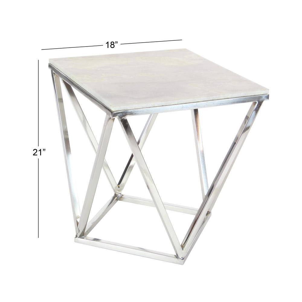 Elegant Silver Stainless Steel & Marble Square Accent Table - 18" x 21"