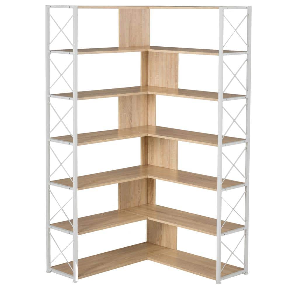 70.9 in. Oak 7-Tier Bookcase Home Office Bookshelf, L-Shaped Corner Bookcas