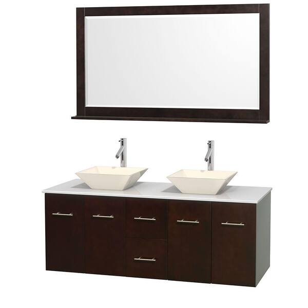 Wyndham Collection Centra 60 in. Double Vanity in Espresso with Solid-Surface Vanity Top in White, Bone Porcelain Sinks and 58 in. Mirror