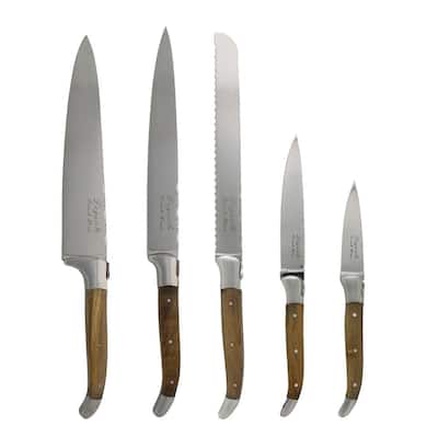 Laguiole Connoisseur Olivewood 5 Piece Stainless Steel Kitchen Knife Set plus Magnetic Display.