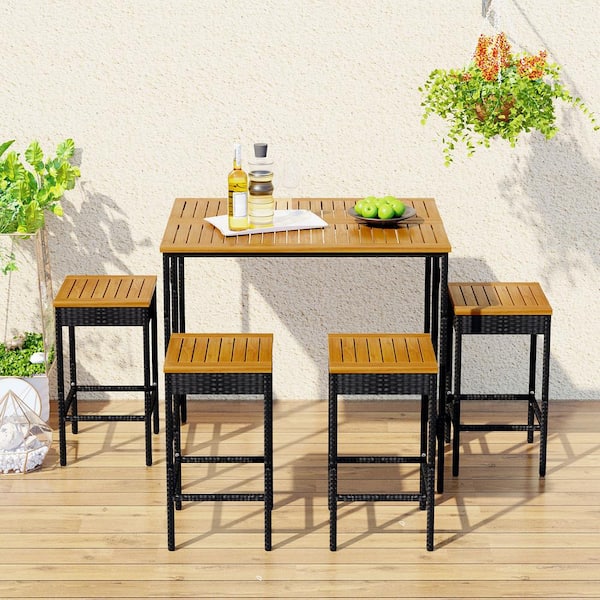 Cesicia 5-Piece Garden Patio PE Wicker Rattan Outdoor Bistro Set Foldable Tabletop