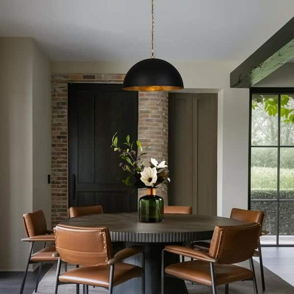 Industrial 17.7 in. W 1-Light Gold Pendant Lamp, Farmhouse Pendant Light with Black Dome Shade for Dining Room, Kitchen