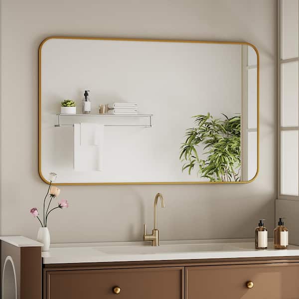 GLSLAND 29.5 in. W x 47.2 in. H Rectangular Gold Aluminum Alloy Framed Wall Vanity Mirror Bathroom Mirror