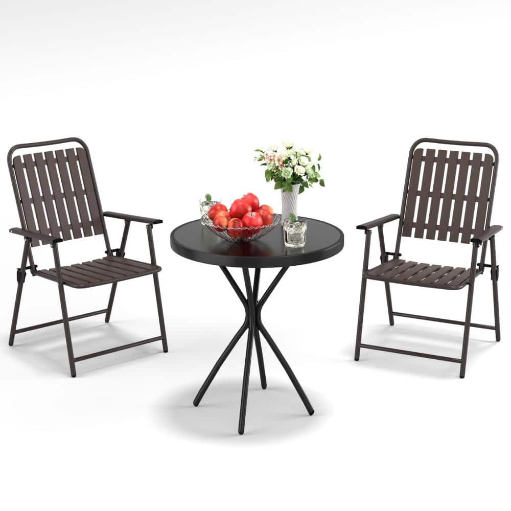 3-Piece Foldable Outdoor Patio Furniture Set, Metal Chairs with Tempered Glass Side Table, Brown, 350 lb Capacity price history on PriceWatchPro