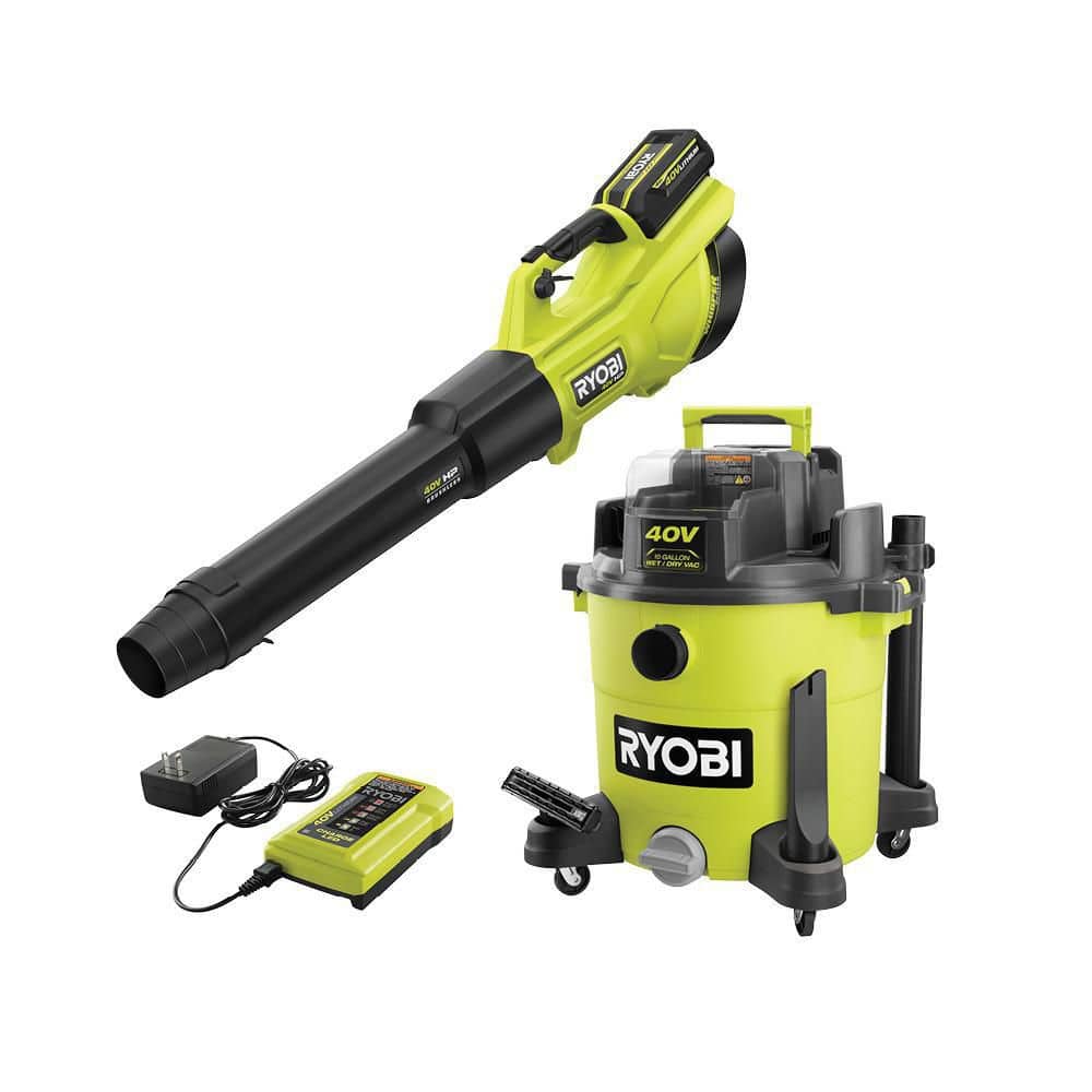 RYOBI 40V 10 Gal. Cordless Wet/Dry Vacuum with 40V HP Brushless Whisper Series Leaf Blower, 4.0 Ah Battery, and Charger, Greens