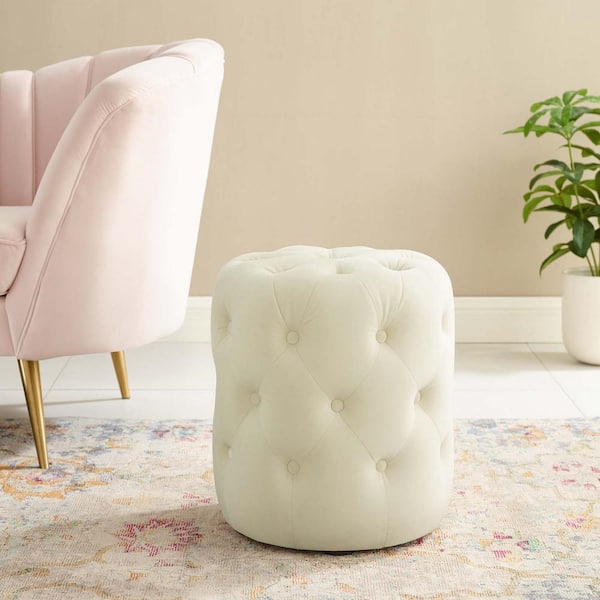 MODWAY Anthem Ivory Tufted Button Round Performance Velvet Ottoman