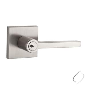 Reserve Square Satin Nickel Keyed Entry Door Handle with Contemporary Rose