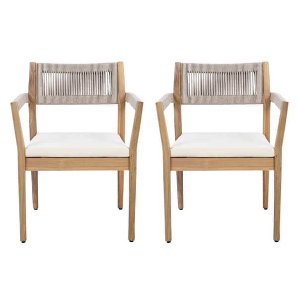 Braided Acacia Wood Outdoor Dining Chairs Set of 2-Teak Look with Beige Rope and Cream Cushions, Armrests-All-Weather