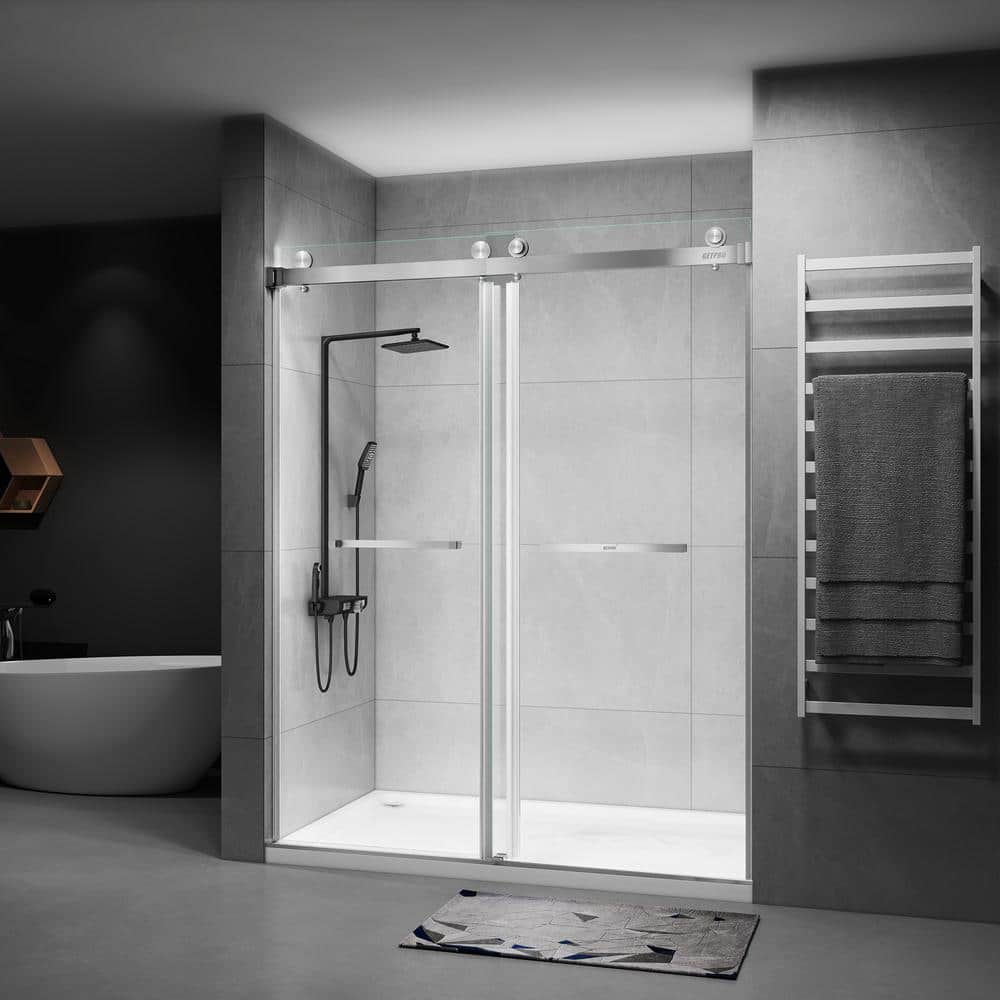 Getpro 60 in. W x 76 in. H Double Sliding Frameless Shower Door in Brushed Nickel Finish with
