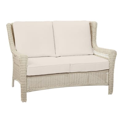 Park Meadows Off-White Wicker Outdoor Patio Loveseat with CushionGuard Almond Tan Cushions