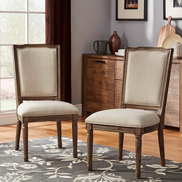 HomeSullivan Brown Finish Beige Ornate Linen And Wood Dining Chairs (Set of 2)