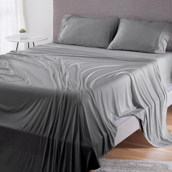 Dri-Tec 4-Piece Sheet Set Polyester Moisture Wicking Breathable Sheets Grey Split Head Queen