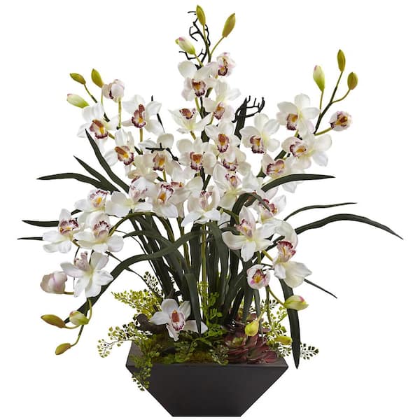 Nearly Natural Artificial Cymbidium Orchid with Black Vase 1404-WH - The Home  Depot