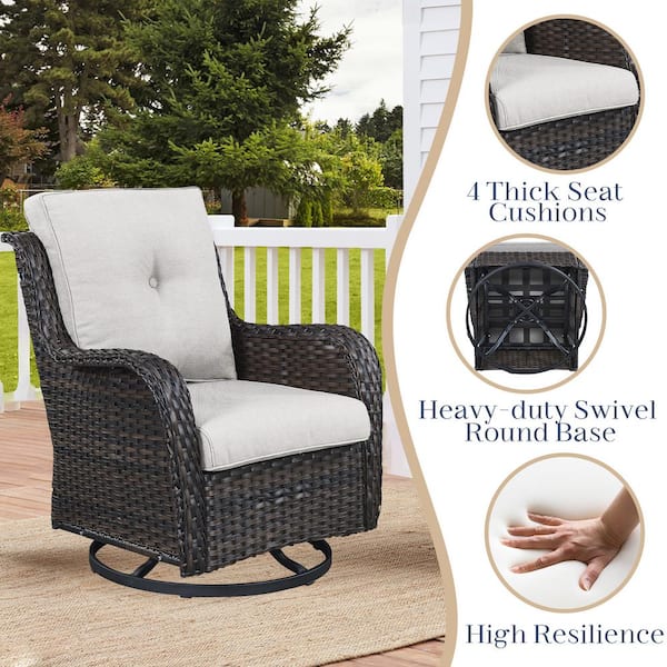 Brown 3-Piece Wicker Patio Conversation Deep Seating Set with Beige Cushions All-Weather Swivel Rocking Chairs